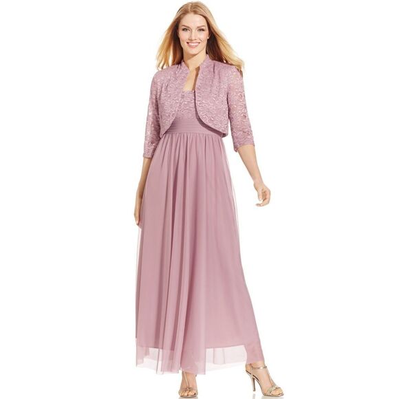 New! R&M RICHARDS 2-Piece Glittered Lace Dress & Jacket Set Size 14 Color Mauve - Picture 2 of 4